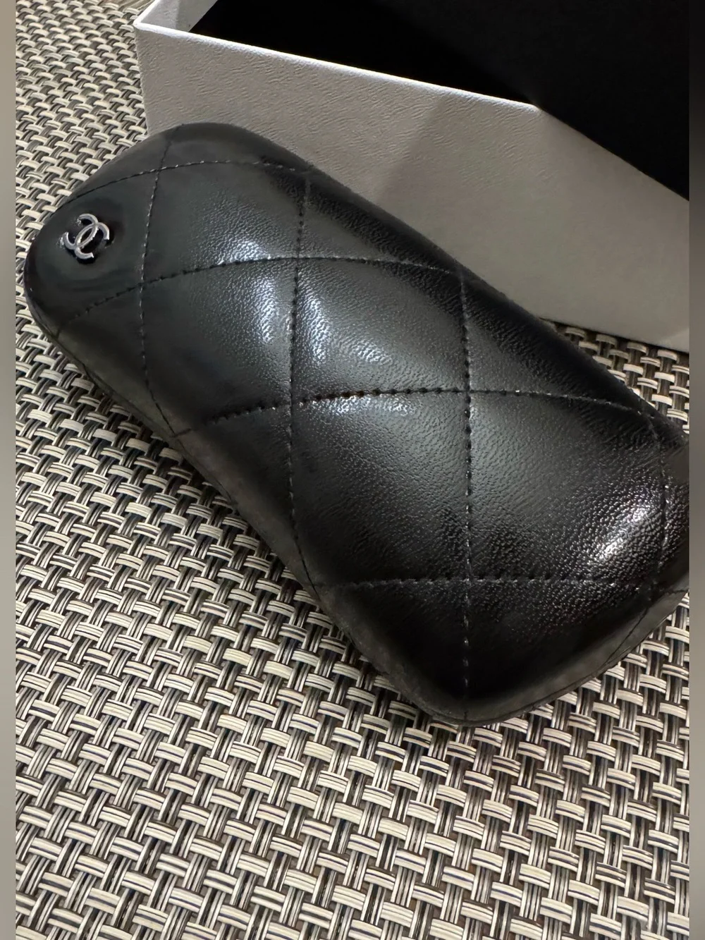 CHANEL Black Quilted Leather Sunglasses Case with Silver CC
